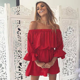 Women Slash Neck Off Shoulder Dresses Summer Flare Sleeve Bandage Solid Sundress Loose Casual Sexy Beach Vestidos Robe Dress