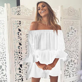 Women Slash Neck Off Shoulder Dresses Summer Flare Sleeve Bandage Solid Sundress Loose Casual Sexy Beach Vestidos Robe Dress