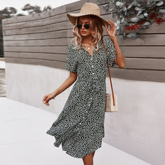 Beach Boho Summer Dress Shirt 2021 Floral Vintage High Waist Dresses Women Casual Loose Single-Breasted Midi Slim Elegant Robe