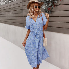 Beach Boho Summer Dress Shirt 2021 Floral Vintage High Waist Dresses Women Casual Loose Single-Breasted Midi Slim Elegant Robe