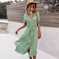 Beach Boho Summer Dress Shirt 2021 Floral Vintage High Waist Dresses Women Casual Loose Single-Breasted Midi Slim Elegant Robe