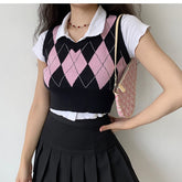 Lizakosht Vintage Argyle Plaid Sweater Vest Women V-Neck Female Sleeveless Tank Jumper Ladies Short Spring Knitting Pullovers Tops