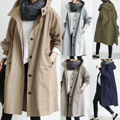 Women Autumn Solid Color Pocket Hooded Windbreaker Long Trench Coat Outerwear Women's clothing женская куртка femme veste