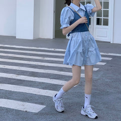 Lizakosht 2 Piece Set Women Summer High Waist Dress Denim Camisole + Mini Dress Elegant Puff Sleeve A-line Dress Vintage Slim Dresses