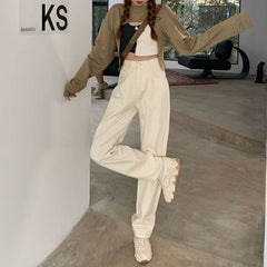 Lizakosht Spring Women Jeans Straight Trousers Vintage High Waist All-match Loose Denim Pants Retro Loose Trousers Full-length Jeans