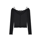 White Lace Fake Two Piece Suspender Long Sleeve T-shirt Women's Autumn Machine Sexy Off Shoulder Bottoming Shirt Short Top