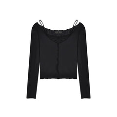 White Lace Fake Two Piece Suspender Long Sleeve T-shirt Women's Autumn Machine Sexy Off Shoulder Bottoming Shirt Short Top