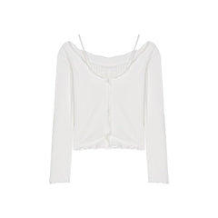 White Lace Fake Two Piece Suspender Long Sleeve T-shirt Women's Autumn Machine Sexy Off Shoulder Bottoming Shirt Short Top