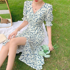 Lizakosht Summer Floral Dress Women French Vintage Retro Split Dress Sexy Office Lady Casual Slim Fit Designer Fairy Mini Dress New