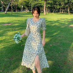 Lizakosht Summer Floral Dress Women French Vintage Retro Split Dress Sexy Office Lady Casual Slim Fit Designer Fairy Mini Dress New