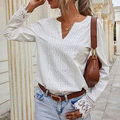 Autumn Elegant Office Lady Spring White Tops Women's Lace Patchwork Long Sleeved V-neck Slim Shirt Ladies Fashion Casual Blouse