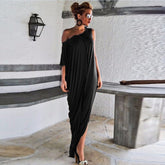Splice Contrast Panel Women Dress Summer Casual Loose Off Shoulder Short Sleeve Ladies Irregular Maxi Long Dress Vestidos