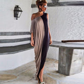 Splice Contrast Panel Women Dress Summer Casual Loose Off Shoulder Short Sleeve Ladies Irregular Maxi Long Dress Vestidos