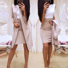 LIZAKOSHT - 2Pcs Office Lady Autumn Solid Color Long Blazer Jacket Bodycon Mini Skirt Suit Perfect for office business formal perfect gifts
