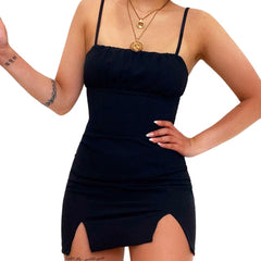 Women Sleeveless Double Split Dress Fashion Summer Solid Color Spaghetti Strap Mini Bodycon Dress Chic Ladies Pleated Sundress