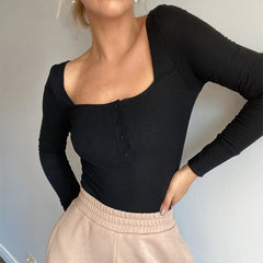 Ladies Solid Skinny Rompers Womens Sexy Bodysuit Square Neck Casual Long Sleeve Slim Bodycon Bodysuit
