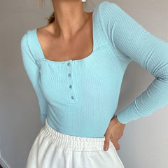 Ladies Solid Skinny Rompers Womens Sexy Bodysuit Square Neck Casual Long Sleeve Slim Bodycon Bodysuit