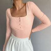 Ladies Solid Skinny Rompers Womens Sexy Bodysuit Square Neck Casual Long Sleeve Slim Bodycon Bodysuit