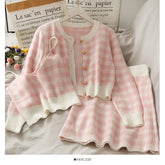 Sweet Plaid Three-Piece Women's New O Neck Single-Breasted Long-Sleeved Loose Sweater with Short Strap two piece set skirt