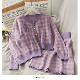 Sweet Plaid Three-Piece Women's New O Neck Single-Breasted Long-Sleeved Loose Sweater with Short Strap two piece set skirt