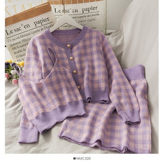 Sweet Plaid Three-Piece Women's New O Neck Single-Breasted Long-Sleeved Loose Sweater with Short Strap two piece set skirt