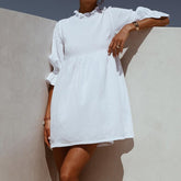Muiches Casual Stand Collar Flare Sleeve Ruffles Mini Dress Woman Loose High Waist Sweet Cotton White Holiday Dress 2021 Summer