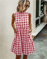 Dresses For Women Summer Casual Loose Plaid Print Ruffled Midi Dress Sleeveless Vintage Ladies Dress Vacation Sundress