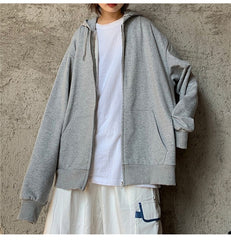 Women Harajuku Cotton Solid Color Zip-up White Hoodie Casual Loose Oversized Tops Aesthetic Streetwear Sweatshirt With Hat