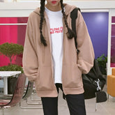 Women Harajuku Cotton Solid Color Zip-up White Hoodie Casual Loose Oversized Tops Aesthetic Streetwear Sweatshirt With Hat