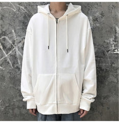 Women Harajuku Cotton Solid Color Zip-up White Hoodie Casual Loose Oversized Tops Aesthetic Streetwear Sweatshirt With Hat