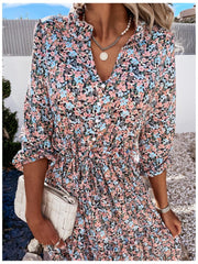 Summer Women Vintage Dress High Waist Ruffle Lady Casual Dress Sexy V-Neck Elegant Floral Printed Puff Sleeve Female Dress