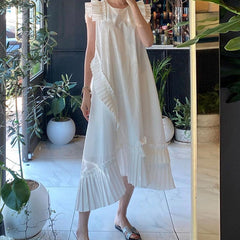 Korean Style Elegant White Dress Summer New 2021 Round Neck Fashion Ladies Solid Color Casual Irregular Women Clothing