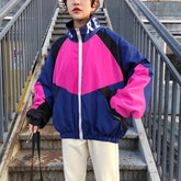 Jackets Women Patchwork   Color Loose  Zippered Stand Collar Tracksuit   Windbreaker Coats Hip Hop Female Streetwear Outwear