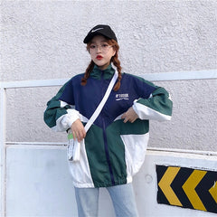 Jackets Women Patchwork   Color Loose  Zippered Stand Collar Tracksuit   Windbreaker Coats Hip Hop Female Streetwear Outwear