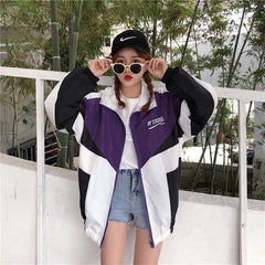 Jackets Women Patchwork   Color Loose  Zippered Stand Collar Tracksuit   Windbreaker Coats Hip Hop Female Streetwear Outwear