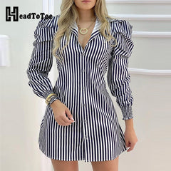 Striped Button Design Puffed Sleeve Shirt Dress Women Casual Work Dress