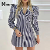 Striped Button Design Puffed Sleeve Shirt Dress Women Casual Work Dress