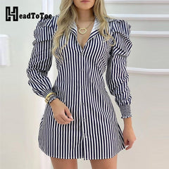Striped Button Design Puffed Sleeve Shirt Dress Women Casual Work Dress