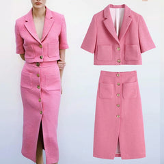 Lizakosht 2 Pieces Women ZA Blazer+Skirt Set Vintage Stylish Notched Jacket Coats+Skirt Single Breasted Outerwear