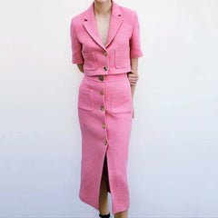 Lizakosht 2 Pieces Women ZA Blazer+Skirt Set Vintage Stylish Notched Jacket Coats+Skirt Single Breasted Outerwear