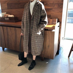 Vintage Woolen Women's Coat Fashion Lapel Long Blends Coats Women 2021 Korean Loose Plaid Women's Autumn Coat/Jacket