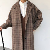Vintage Woolen Women's Coat Fashion Lapel Long Blends Coats Women 2021 Korean Loose Plaid Women's Autumn Coat/Jacket