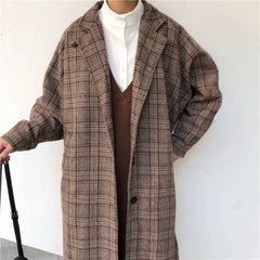 Vintage Woolen Women's Coat Fashion Lapel Long Blends Coats Women 2021 Korean Loose Plaid Women's Autumn Coat/Jacket