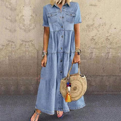 LIZAKOSHT - Plus Size 3xl Women Summer Denim Dress Retro Women Short Sleeve Turn Down Collar Pockets Button Long Loose Denim Dress