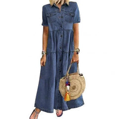 LIZAKOSHT - Plus Size 3xl Women Summer Denim Dress Retro Women Short Sleeve Turn Down Collar Pockets Button Long Loose Denim Dress