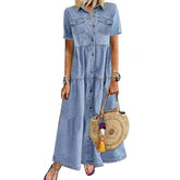 LIZAKOSHT  -  Plus Size 3xl Women Summer Denim Dress Retro Women Short Sleeve Turn Down Collar Pockets Button Long Loose Denim Dress