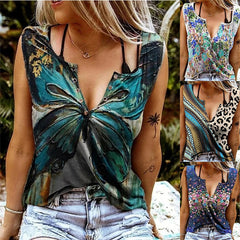 Summer New Vest Top Women's Sexy V Neck Sleeveless T Shirt Printing Short-sleeved Shirt Fashionable Sexy Plus Size Clothing