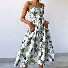 LIZAKOSHT - New Women Print Floral Stripe Long dress Sexy V-Neck Sleevele Button Beach Casual Boho Midi Dress Plus Size 3XL vestidos