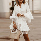 LIZAKOSHT - Elegant Spring Flare Sleeve Lady Shirt Dress Summer Patchwork Lace Belted Party Dress Women Casual V Neck Button Mini Dress