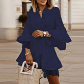 LIZAKOSHT - Elegant Spring Flare Sleeve Lady Shirt Dress Summer Patchwork Lace Belted Party Dress Women Casual V Neck Button Mini Dress